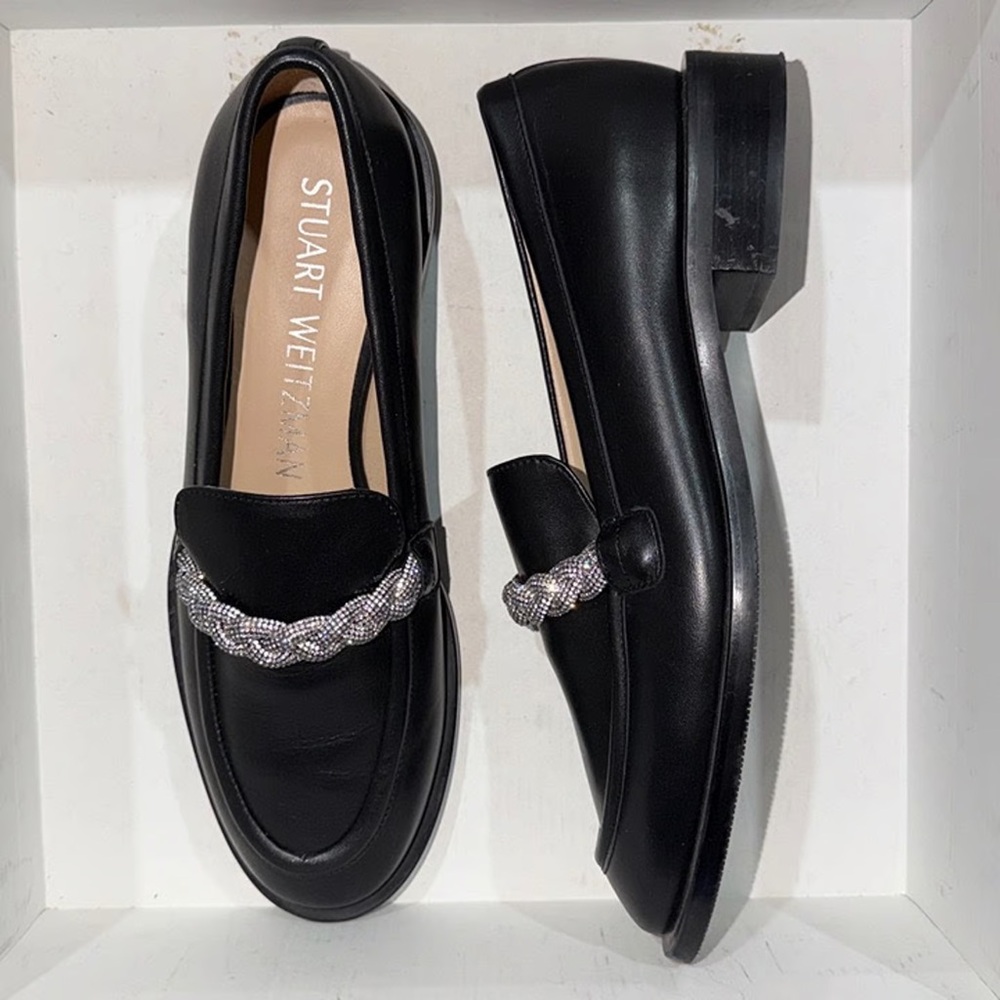 ‼️Stuart Weitzman Palmer Crystal-Braid Black Leather Calfskin Loafers